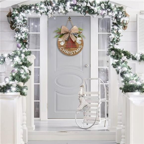 Christmas Decoration Wreaths Rustic Christmas Hanging Door Sign with Plaid Bow - Picture 5 of 7